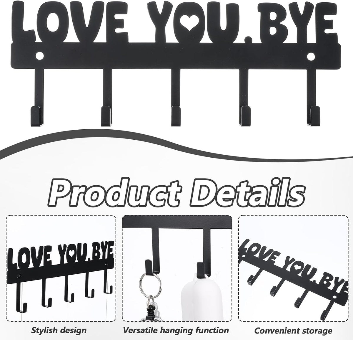 Key Holder Wall Mount, Large 'Love You.Bye' Entryway Organizer with 5 Hooks,Black Metal Key Hanger —No Drill Adhesive for Home Wall Decor