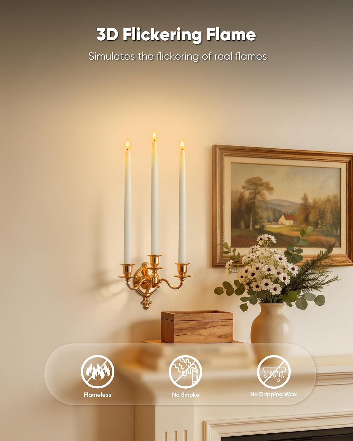 Homemory 15 inches Real Wax Flameless Taper Candles with Remote Timer, 6 Pcs White LED Taper Candles Battery Operated with 3D Flickering Flame, Window Candle Led Candlesticks for Dinners Home Decor
