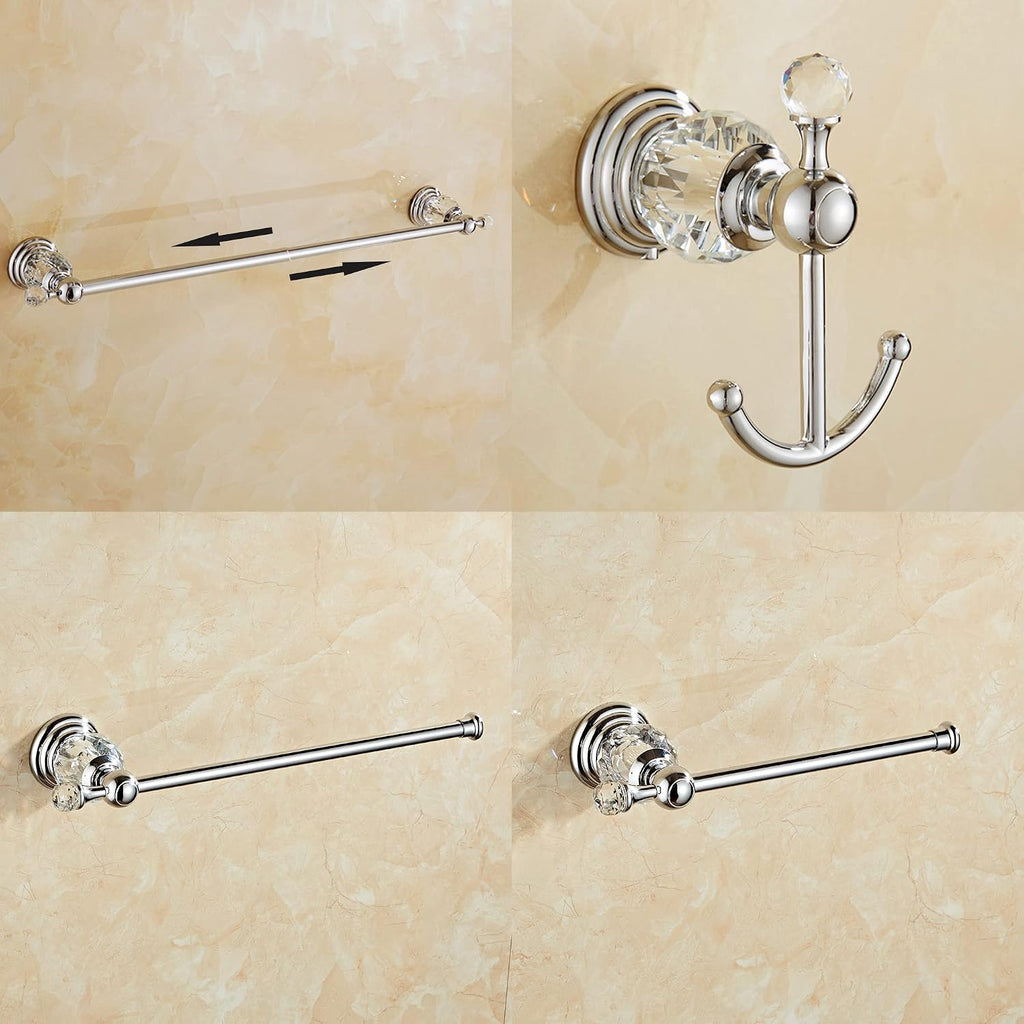 Crystal Bathroom Hardware Set,Adjustable Towel Rack, Toilet Roll Paper Holder,Hand Towel Holder,Hook,Gold Bathroom Accessories Set Wall Mounted (Bright Chrome)