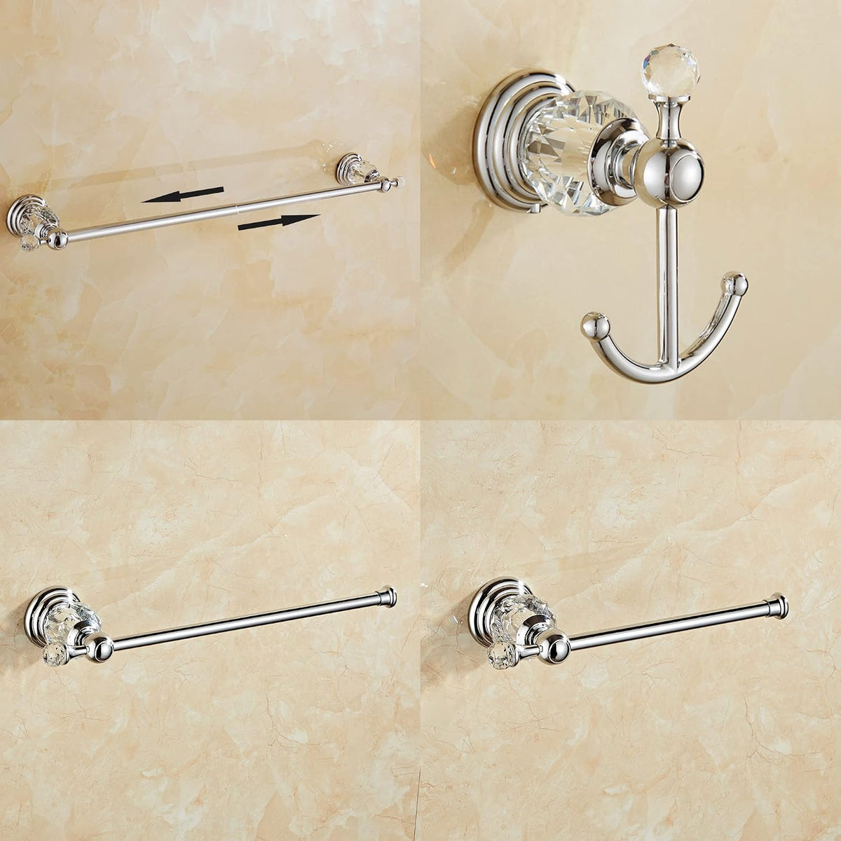 Crystal Bathroom Hardware Set,Adjustable Towel Rack, Toilet Roll Paper Holder,Hand Towel Holder,Hook,Gold Bathroom Accessories Set Wall Mounted (Bright Chrome)