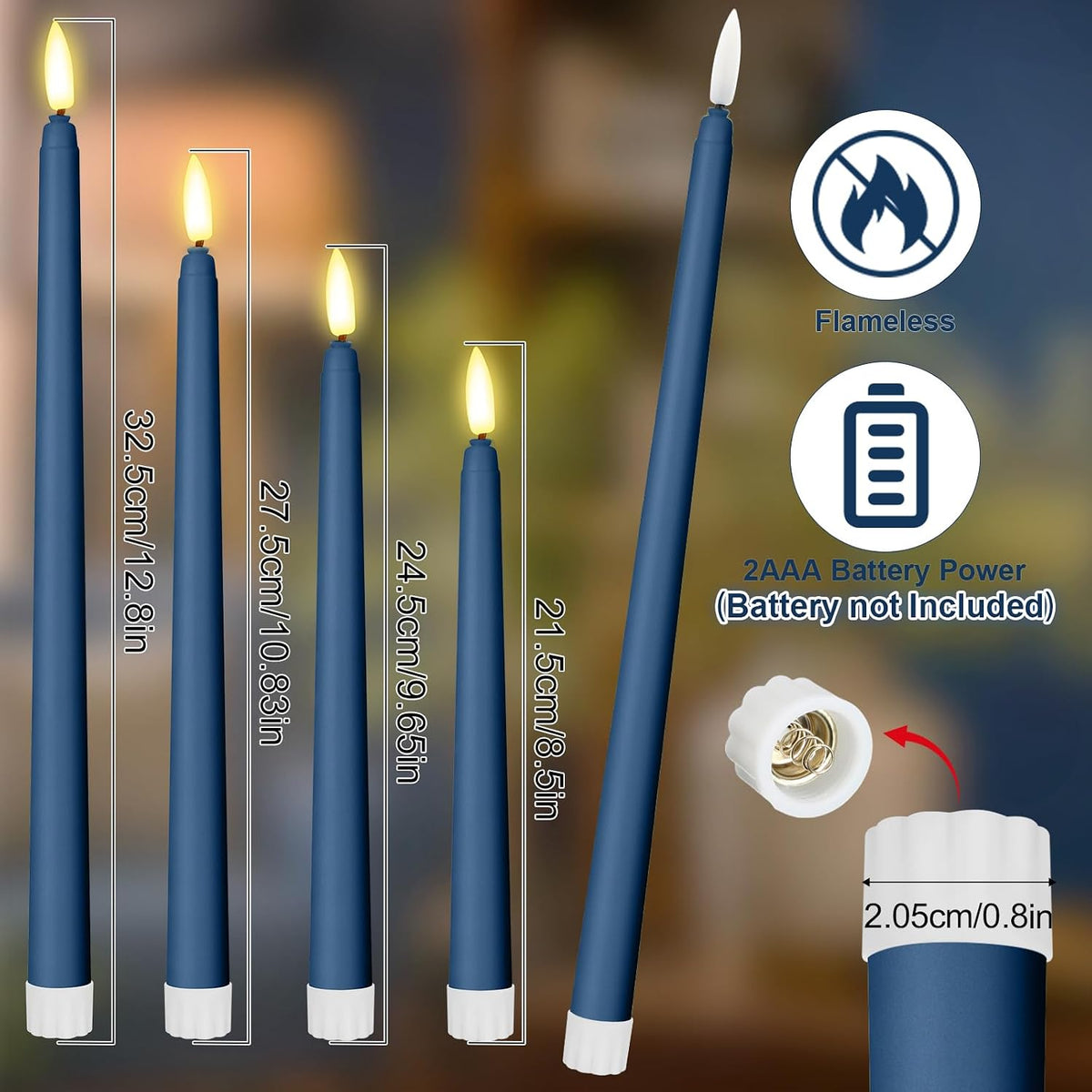 24 Pcs LED Taper Candle, Classic, 8.5",9.65",10.8",12.8", Dark Blue