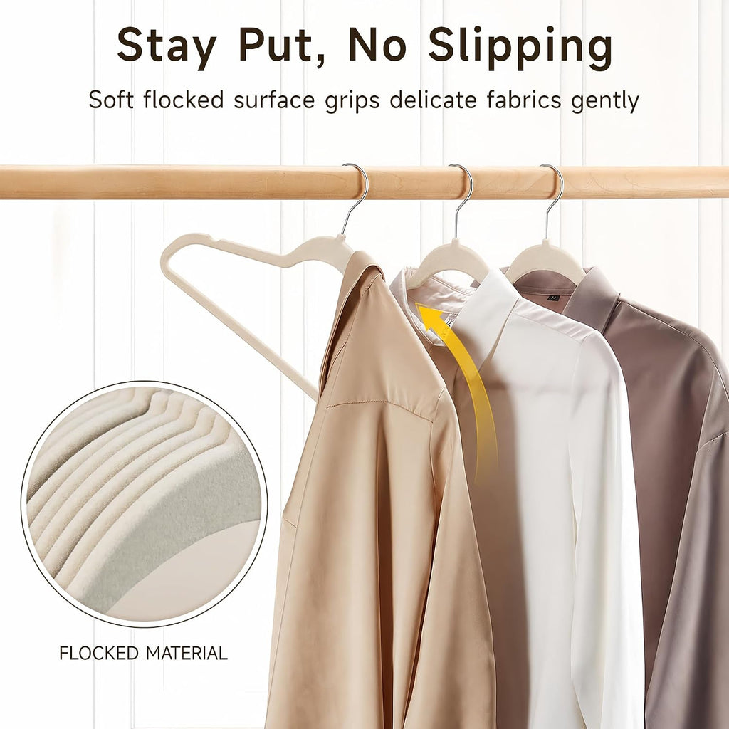 Sishynio Velvet Hangers 30 Pack, Non-Slip Slim Felt Clothes Hangers Beige