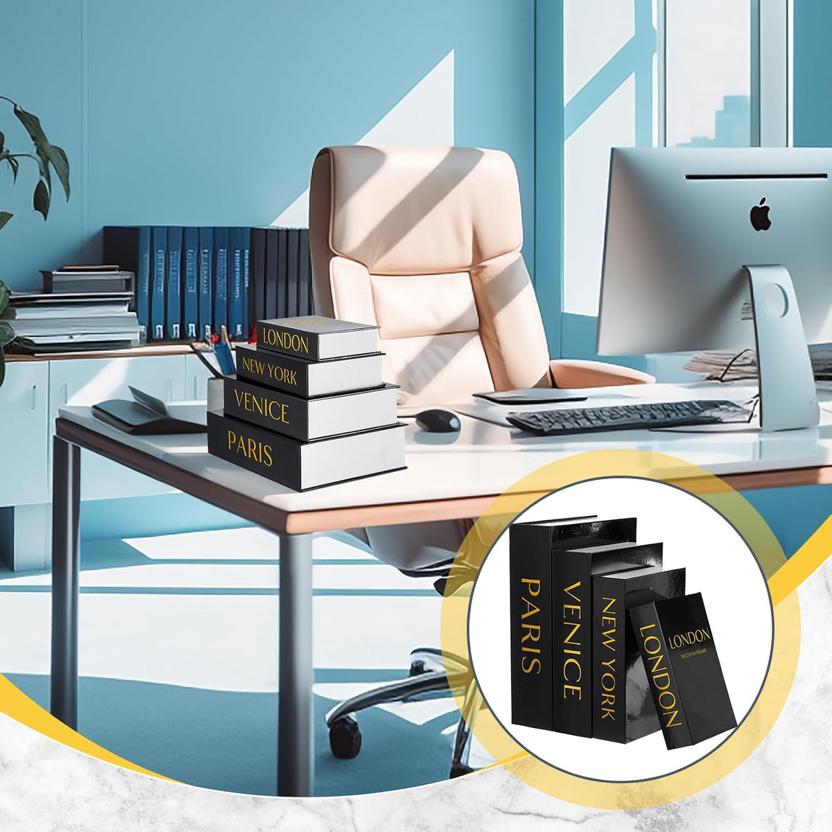 Sabary Set of 4 Decorative Books Box, Black and Gold, Classic Style