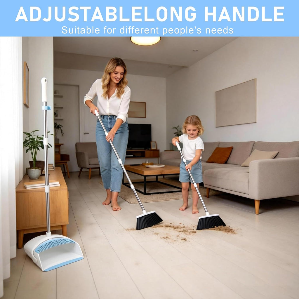 BSKLIN Broom and Dustpan Set, Broom with Dustpan Combo Set with Teeth to Clean Pet Hair 52-in Long Adjustable Handle Broom for Home Office Kitchen Lobby (White&Blue)