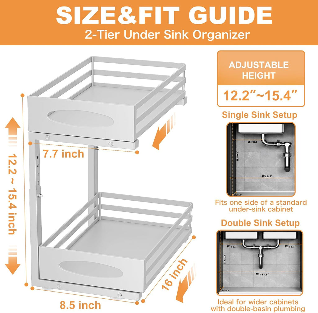 Under Sink Organizer, 2 Tier Under Sink Organizers and Storage, Adjustable Height, Slide out Metal Cabinet Organizers, Pull out Cabinet Storage Drawer Shelf for Kitchen Bathroom (White, 2 Pack)