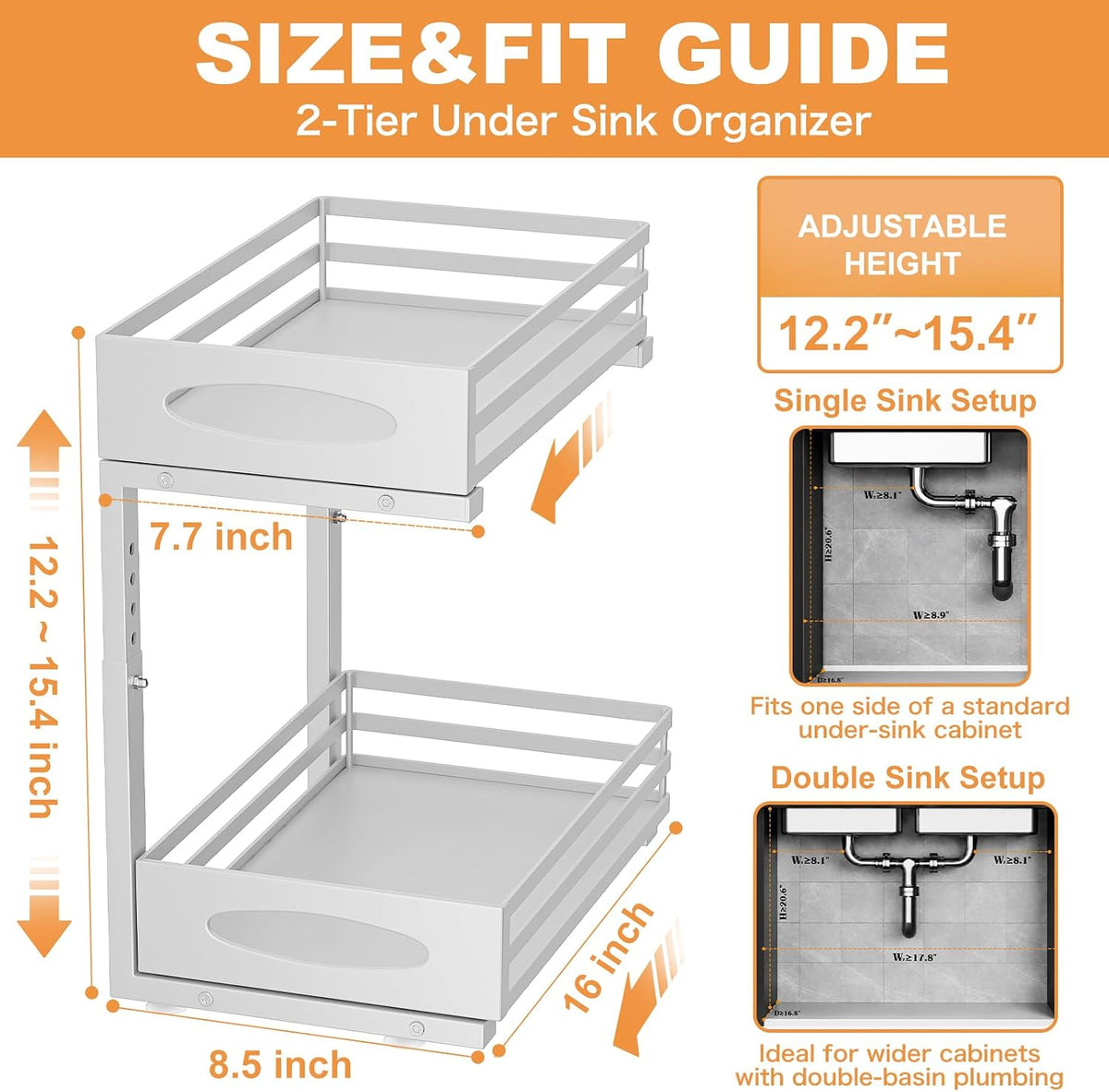 Under Sink Organizer, 2 Tier Under Sink Organizers and Storage, Adjustable Height, Slide out Metal Cabinet Organizers, Pull out Cabinet Storage Drawer Shelf for Kitchen Bathroom (White, 2 Pack)