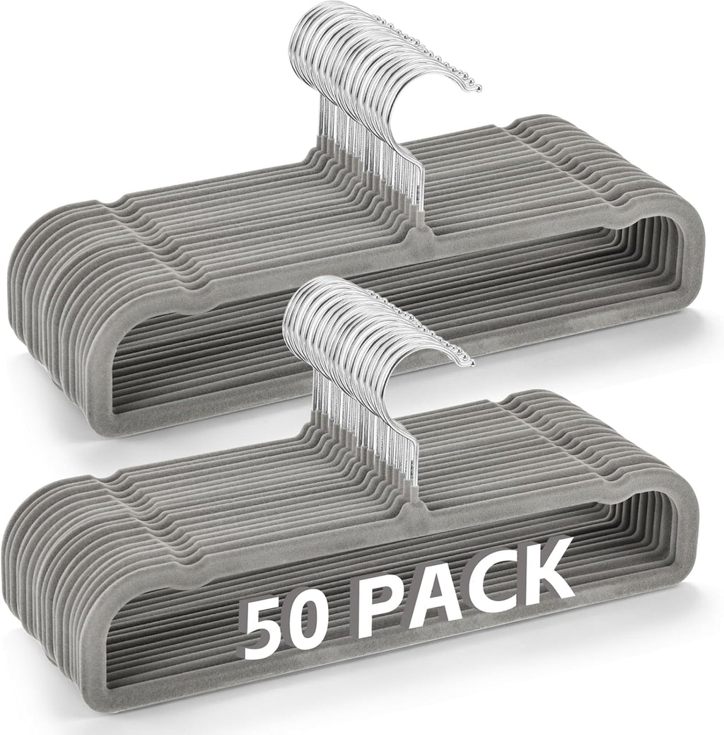 50 Pack Velvet Pants Hangers Non Slip, Velvet Hangers Space Saving for Closet, Strong Durable Clothes Hanger with 360° Swivel Hook, Ultra Soft Flocked Hanger for Pants Jeans Shirts Bra Shorts (Grey)