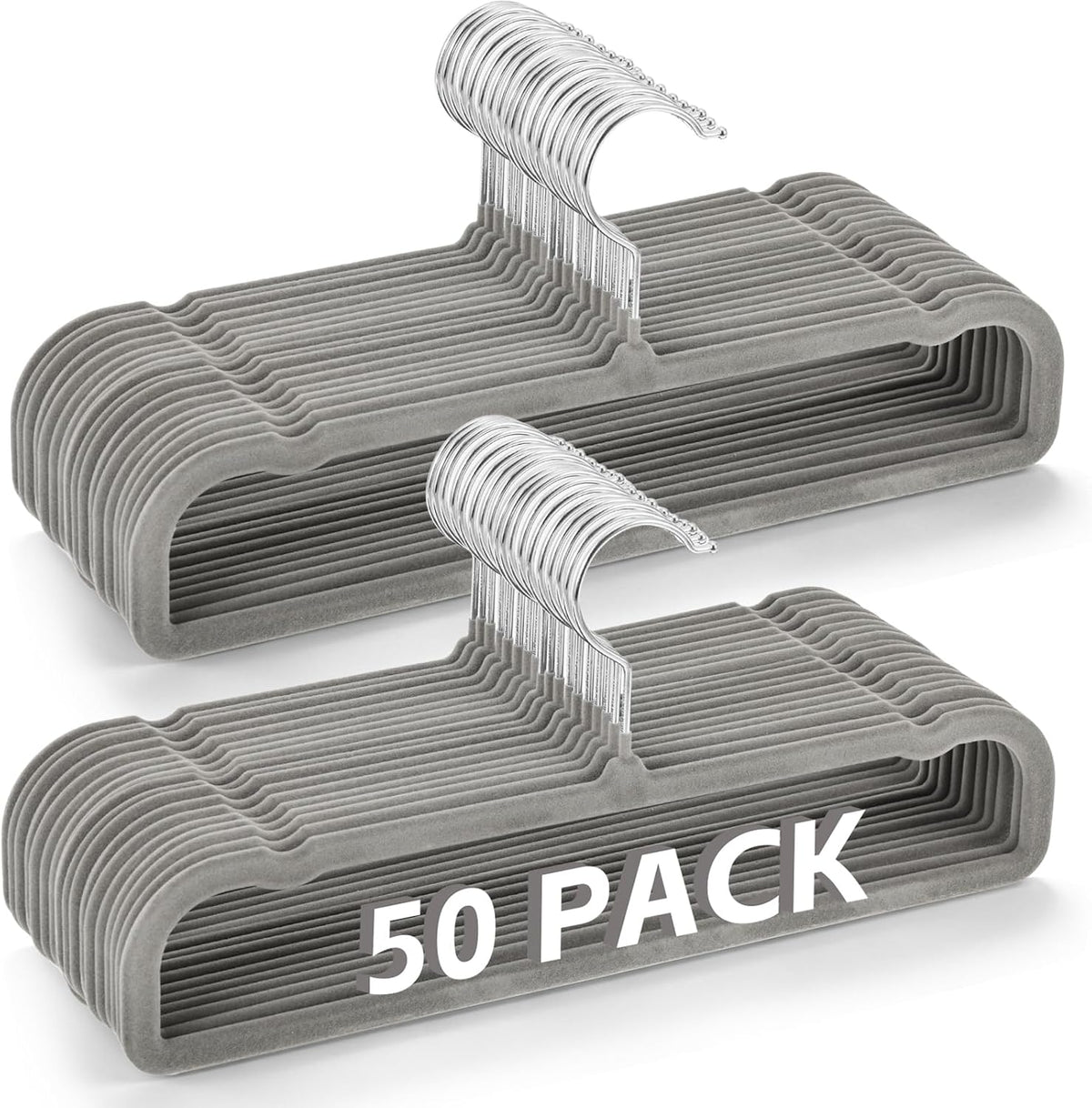 50 Pack Velvet Pants Hangers Non Slip, Velvet Hangers Space Saving for Closet, Strong Durable Clothes Hanger with 360° Swivel Hook, Ultra Soft Flocked Hanger for Pants Jeans Shirts Bra Shorts (Grey)