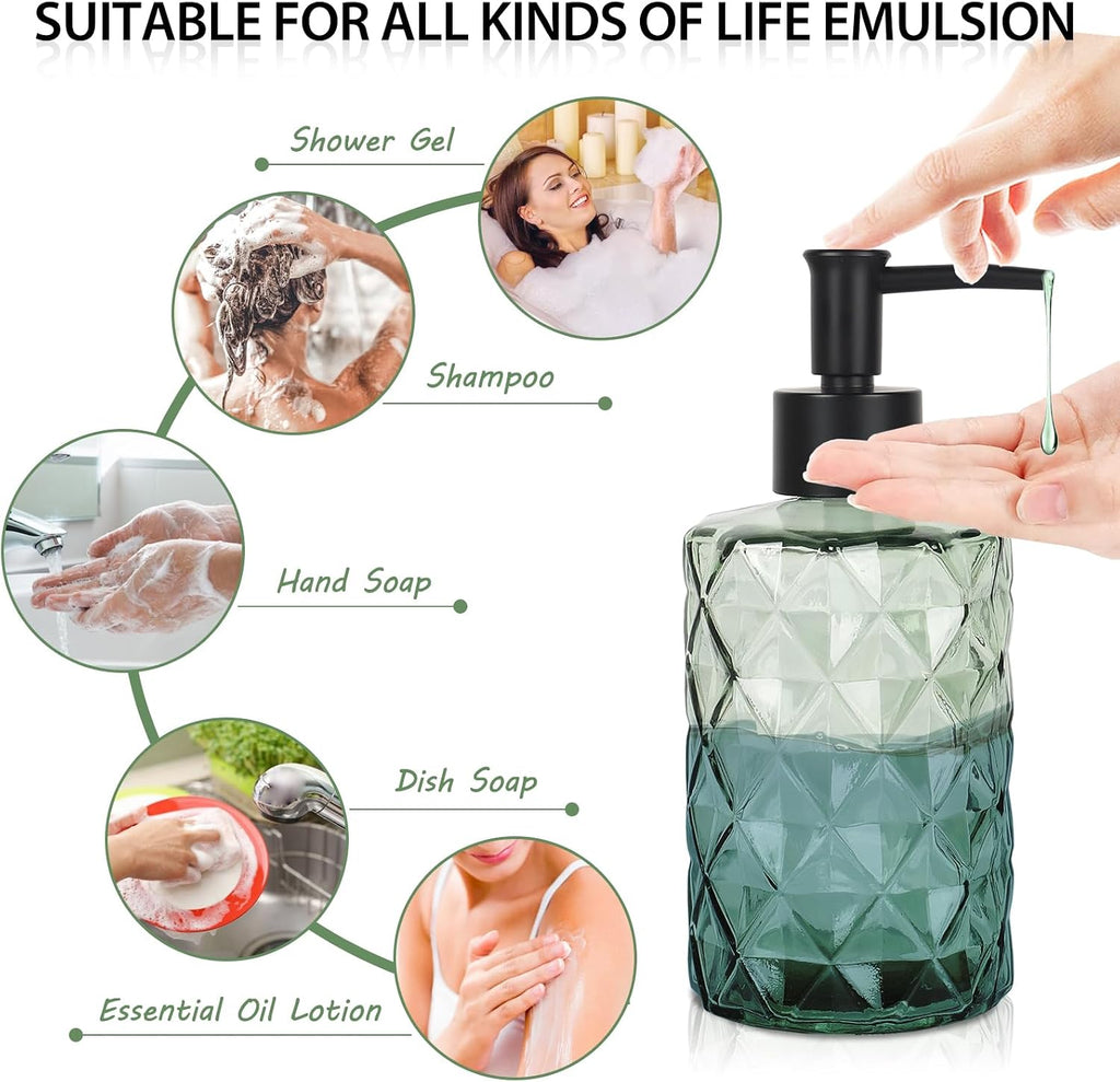 Green Glass Soap Dispenser Set for Bathroom, 11oz. Glass Soap Bottles with Plastic Pump, Kitchen Dish Soap Dispenser Set, Hand-Pump Dispenser for Shampoo, Lotion, Essential Oil (4Pcs)