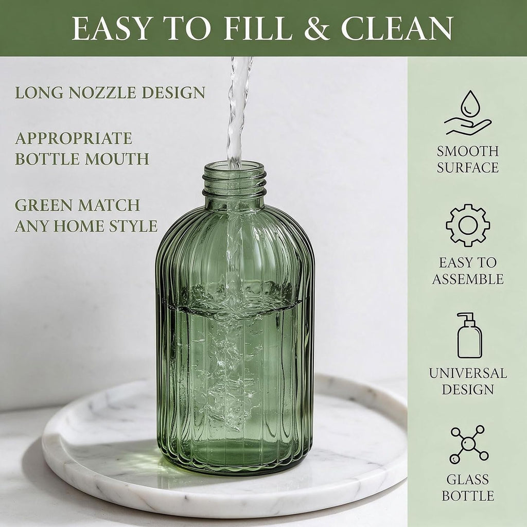 14 Oz Green Glass Soap Dispenser with Silver Plastic Pump, Striped Style