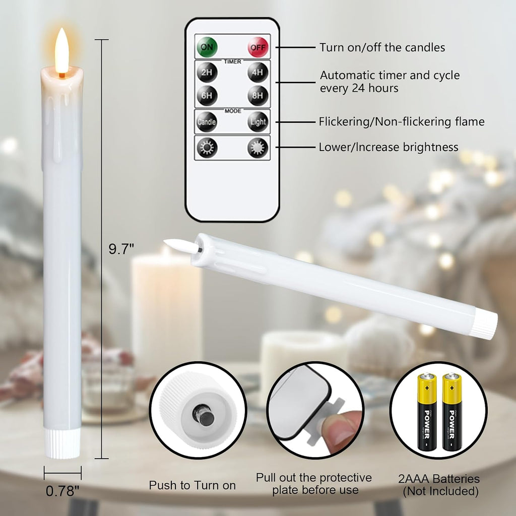 White Dripping Flameless Taper Candles with Remote Timer 3 Pack