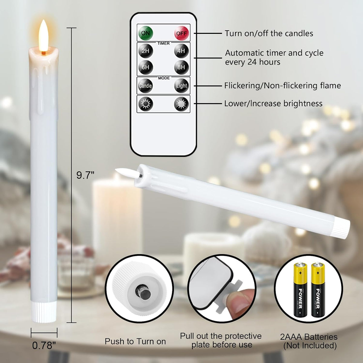 White Dripping Flameless Taper Candles with Remote Timer 3 Pack