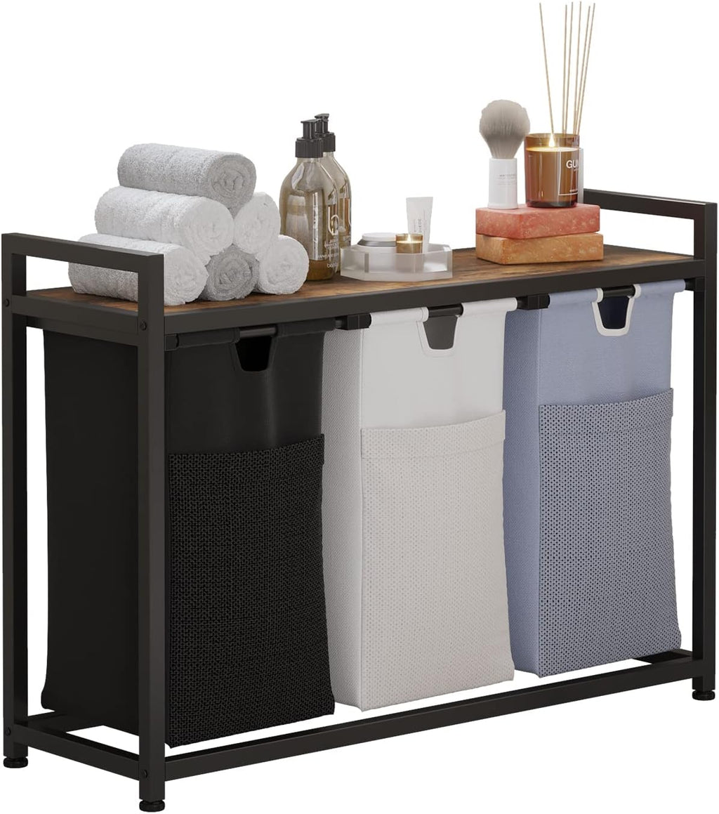 LIVEHOM Laundry Basket Three Laundry Hamper with Removable Bags, Fabric Handles, Large Top Shelf and Laundry Bag for Bathroom, Dorm, Laundry Room