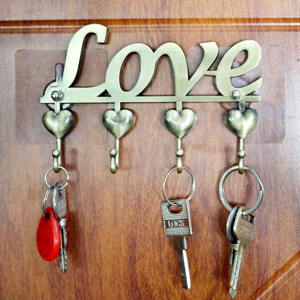 Myartte Key Holder- Key Hooks Decorative for Wall Decorative Zinc Alloy Key Organizer Rack with 4 Hooks -with Screws and Sticker (Antique Brass Love)