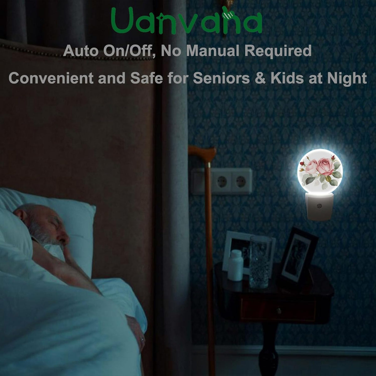 Retro Rose Night Light Floral Blossom Pink Rose with Green Leaf Flower Bouquet LED Dusk to Dawn Plug-in Nightlight Auto Sensor for Bedroom Bathroom Hallway Living Room