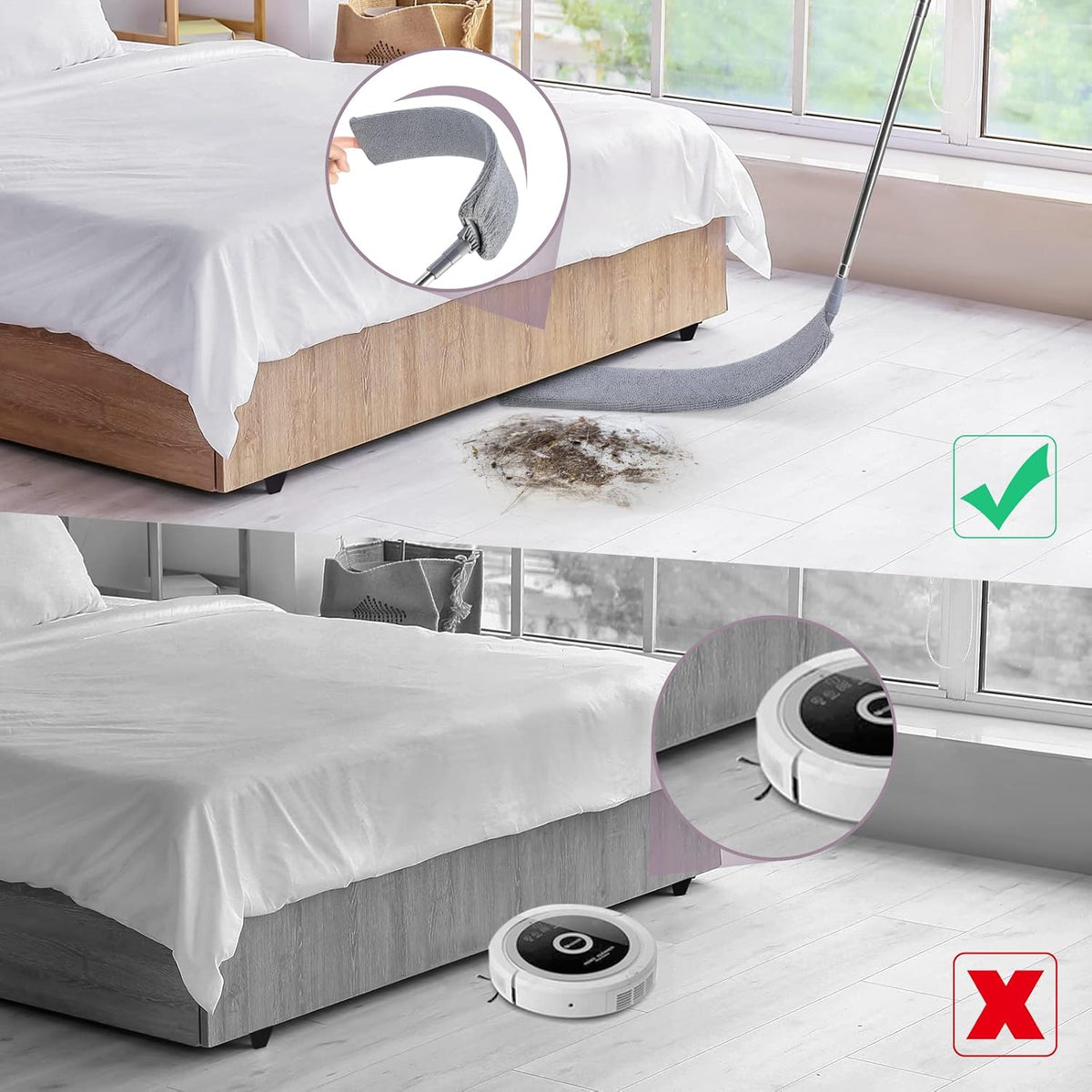 Retractable Gap Dust Cleaner, 3 Microfiber Cloths, 30-100 Inch Handle, Gray