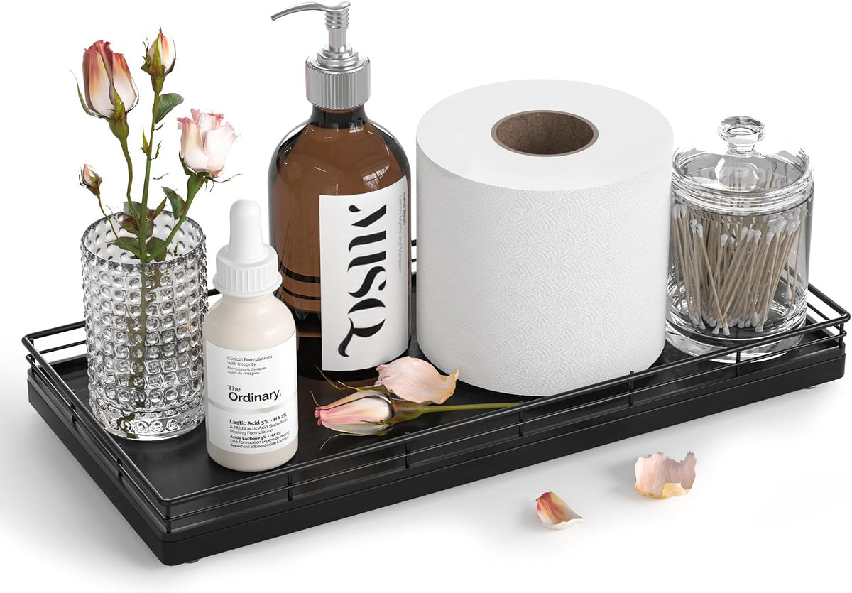 Oak Bathroom Toilet Tank Tray, 13" Wood Toilet Paper Storage Basket Back of Toilet Basket Organizer, Vanity Tray for Perfume Makeup Candle Kitchen Counter Coffee Table Black Tray Decor