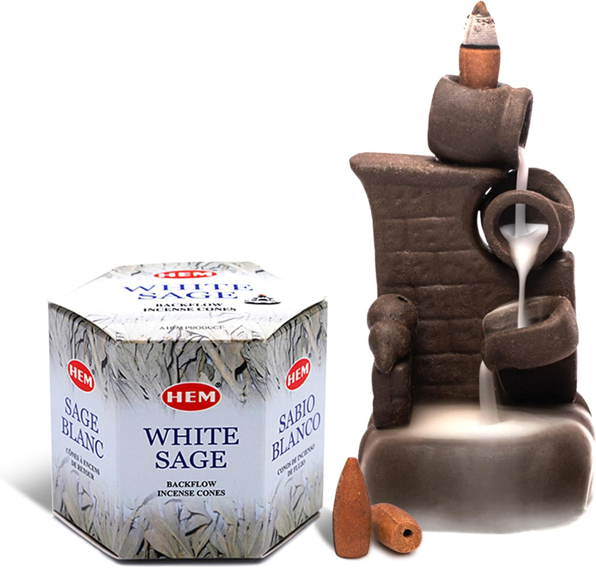 HEM White Sage Backflow Incense Cones – Pack of 40 Brown Cones | Long-Lasting Natural Aroma for Positivity, Cleansing & Meditation | Wood Powder Aromatherapy for Stress Relief & Air Purification