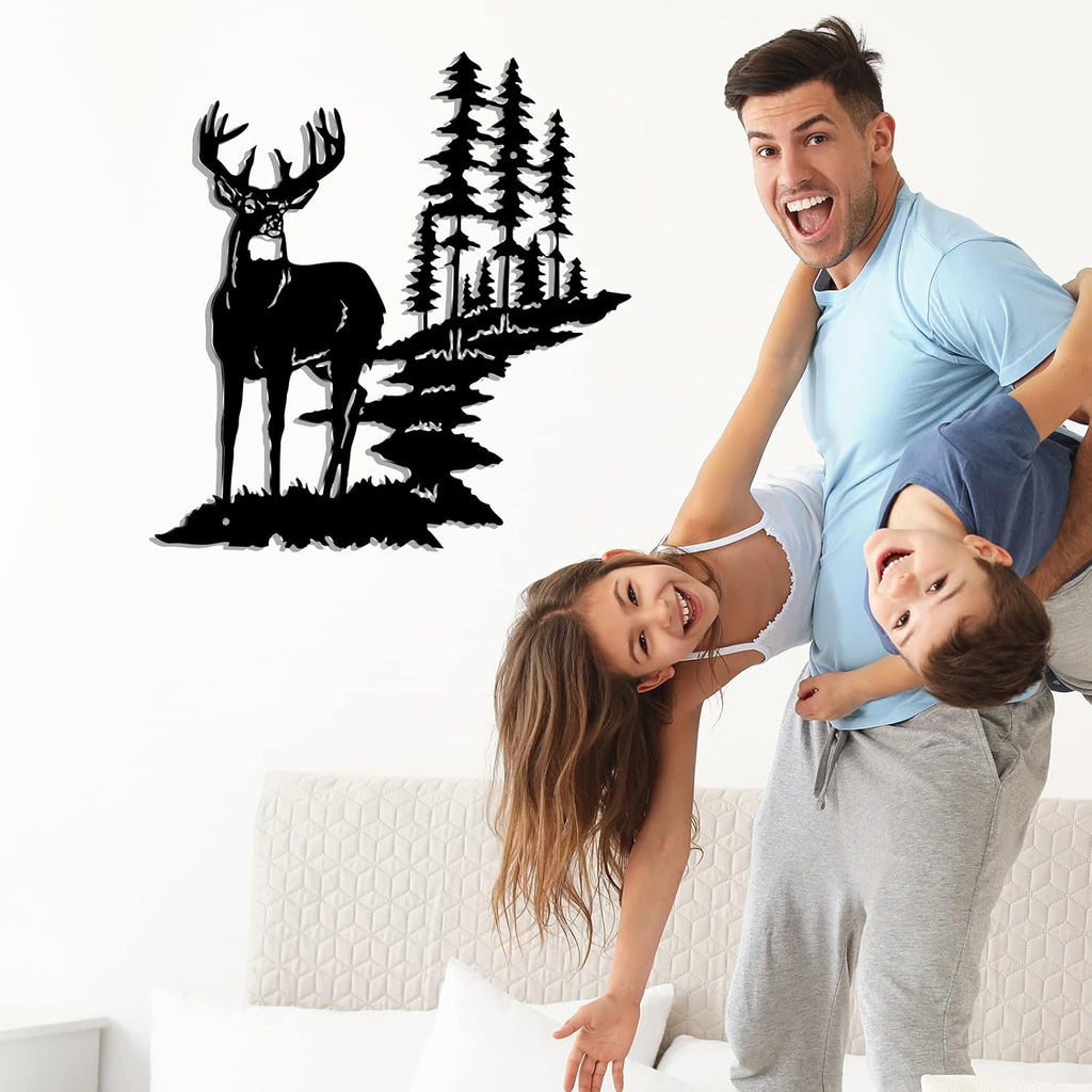Moxweyeni Metal Deer Wall Art Forest Trees Rustic Hunting,Black