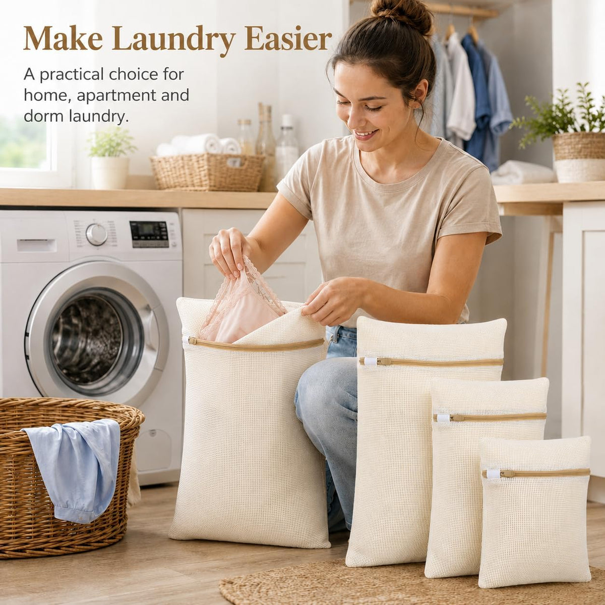 IMIKEYA Mesh Laundry Bags for Delicates, 4 Pack Cotton Zippered Wash Bags in 4 Sizes for Bras, Underwear, Socks, Sweaters, Baby Clothes, Travel and Dorm Organization