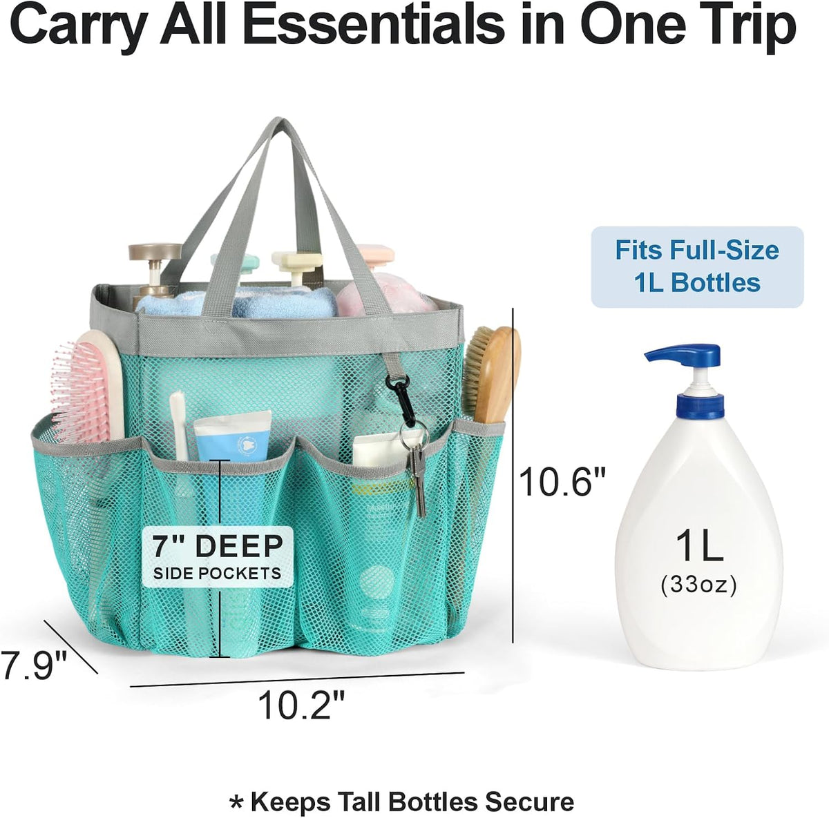 Mesh Shower Caddy Portable - 8 Pockets, S-Hook, Shower Bag for Dorm Camping