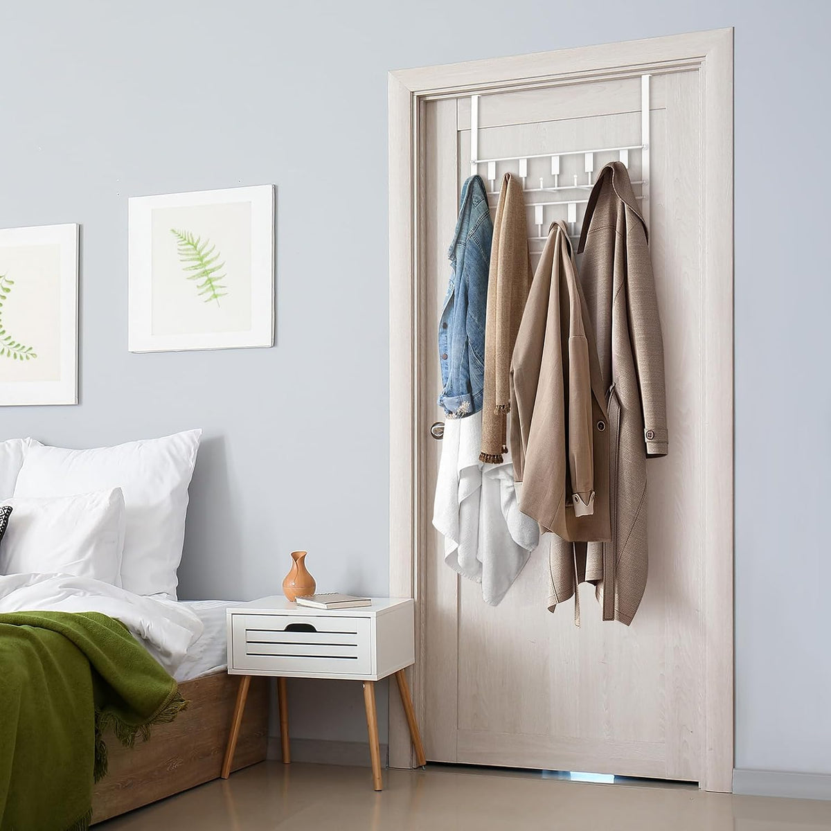 Over The Door Hooks for Hanging, 14 Hooks Over Door Coat Hanger, Coat Clothing Rack and Towel Rack for Bathroom Organizer, Door Hanger Organizer Kitchen, Bathroom Towel Storage Decor White