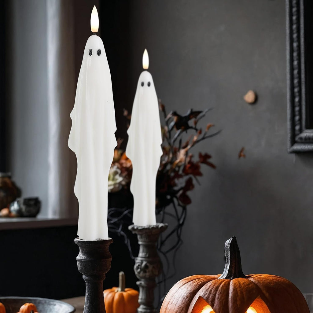 LumiPur Signature Collection Natural Glow Flickering Flameless LED Wax Taper Candle 1" x 9" (Ghosts - White, 2-Pack)