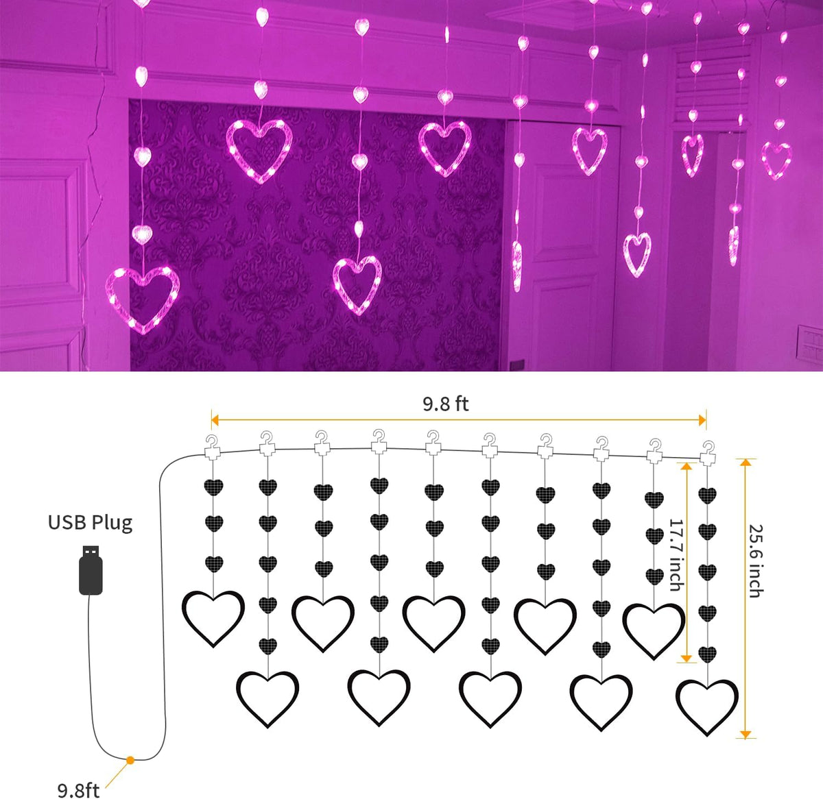 YOLIGHT Heart Curtain Lights, 9.8ft Valentine's Day Decoration, USB sLED Hearts String Lights, Light up Heart Hanging Lights for Valentines Mother's Day Room Decor (Pink)