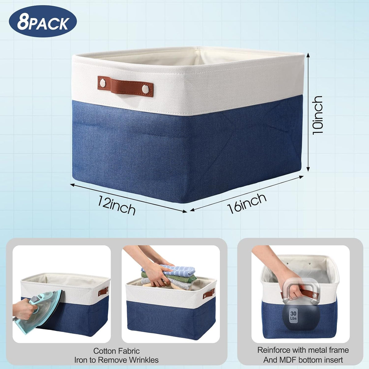 Uiifan 16 x 12 x 10 Inch 8 Pack Fabric Storage Baskets with Handles, Blue
