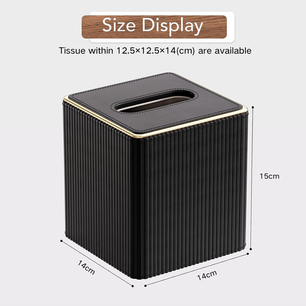 GORESE Square Tissue Box Cover with Gold-Tone Edging, PU Leather Tissue Box Holder for Kleenexs, Decorative Tissue Cover for Bathroom Living Room Car, Modern Cube Kleenexs Holder, Black