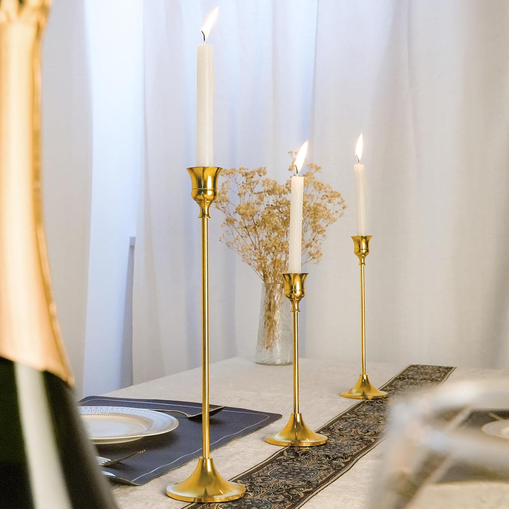 Metal Candle Holders for Candlesticks Taper Candlestick Holders Set Vintage Decorative Centerpiece Candelabra Tall Candle Stands (Gold, 4 Sets (12 pcs))