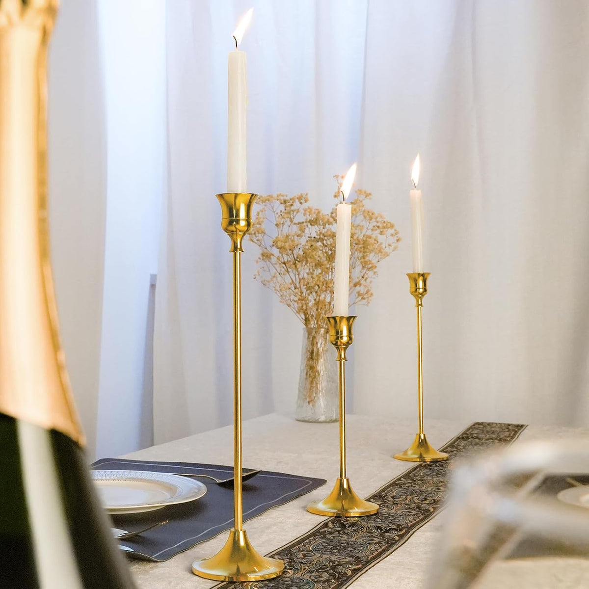 Metal Candle Holders for Candlesticks Taper Candlestick Holders Set Vintage Decorative Centerpiece Candelabra Tall Candle Stands (Gold, 4 Sets (12 pcs))
