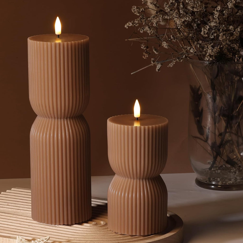 Brown Ribbed Fall Flameless Pillar Candles with Remote Set of 2