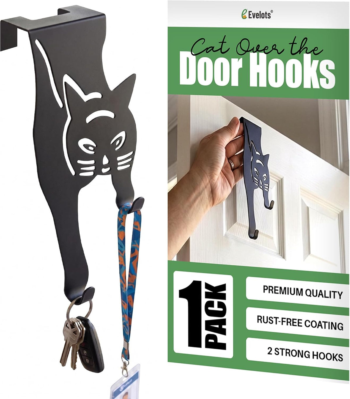 Evelots Cat Over the Door Hooks, Heavy Duty Metal Coat & Towel Hanger