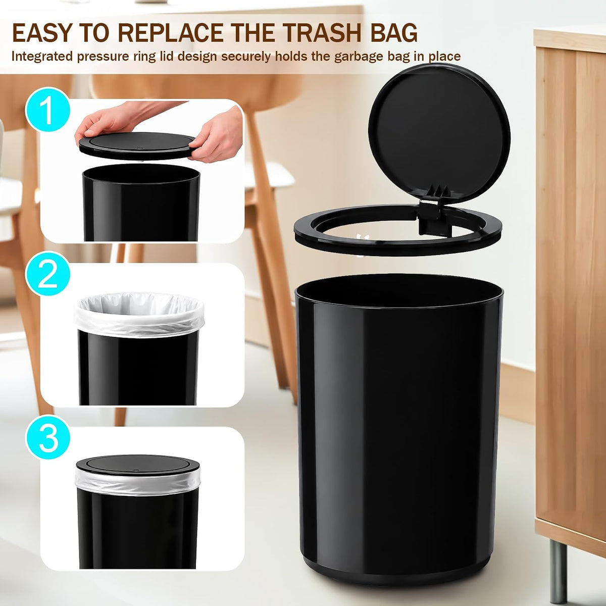 Small Bathroom Trash Can with Lid, 2.1 Gallon Plastic Garbage Can Black