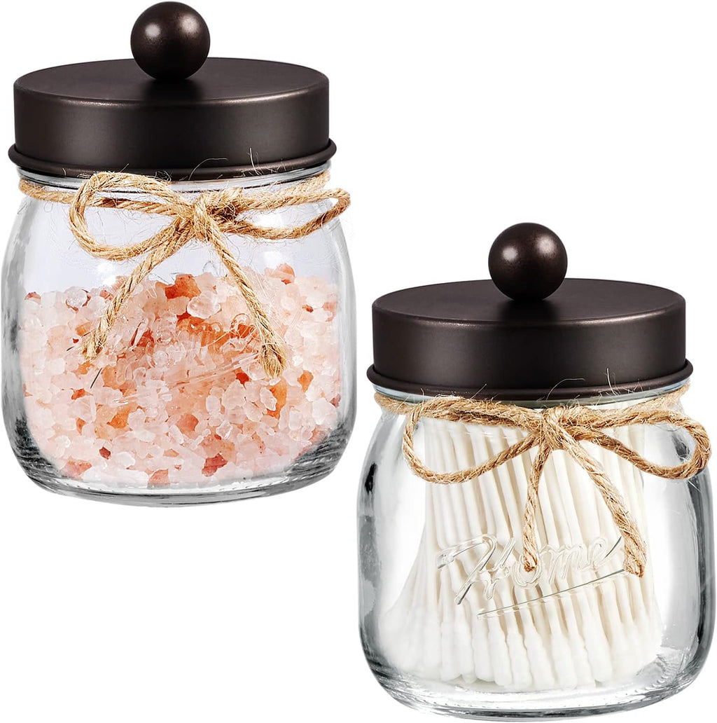 SheeChung 2 Pack Glass Mason Jar Qtip Holder,Bronze Stainless Steel Lids