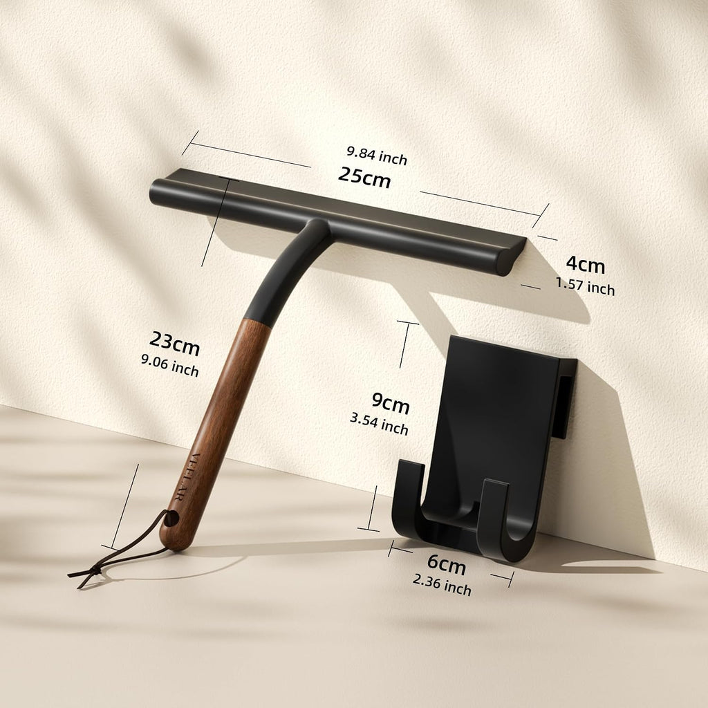 Shower Squeegee for Shower Glass, Bathroom Glass Cleaning Tool with Hook Mount, Squeegee for Glass Doors, Window Cleaning, Tile Shower Walls (Black+Wood)