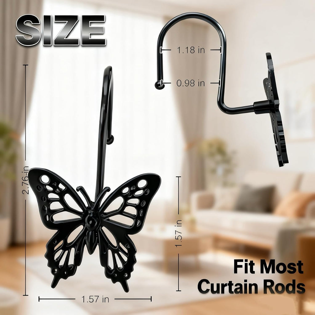 12PCS Decorative Shower Curtain Hooks, Metal Shower Curtain Rings, Rustproof Shower Curtain Hanger for Bathroom, Elegant Butterfly Design (Black)