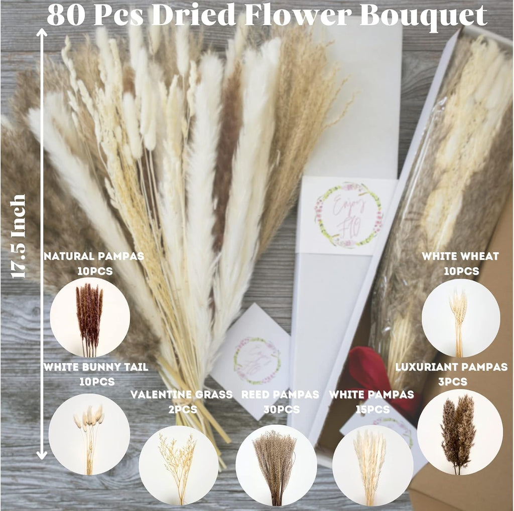 80pcs Natural Pampas Grass Bouquet, Boho Home Decor, 17 Inch Flowers Decoration, Dried Flowers, Pampass Floral Arrangements for Wedding or Room Decor