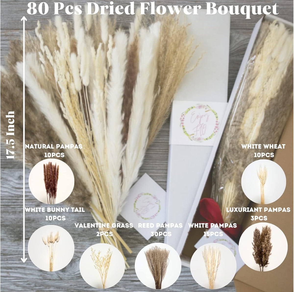 80pcs Natural Pampas Grass Bouquet, Boho Home Decor, 17 Inch Flowers Decoration, Dried Flowers, Pampass Floral Arrangements for Wedding or Room Decor