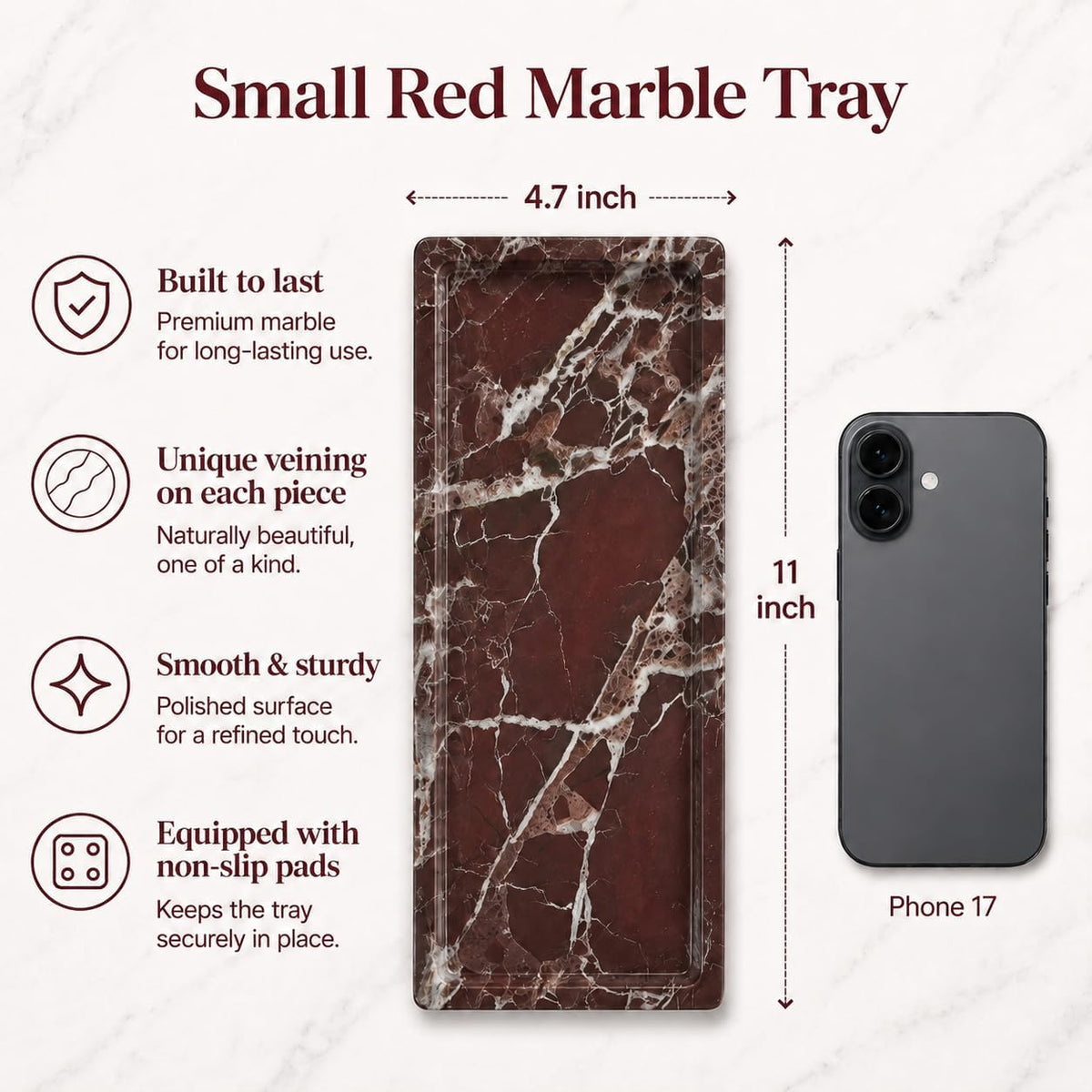 Marble Decorative Tray for Home Decor, Red Vanity Tray for Bathroom Countertop, Small Perfume Tray for Dresser, Luxury Stone Organizer for Jewelry, Candles & Skincare, 11 x 4.7 in