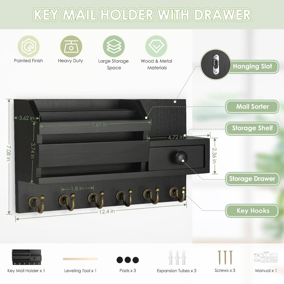 VIS'V Key Holder Wall Mount, Wooden Mail and Key Organizer, Black