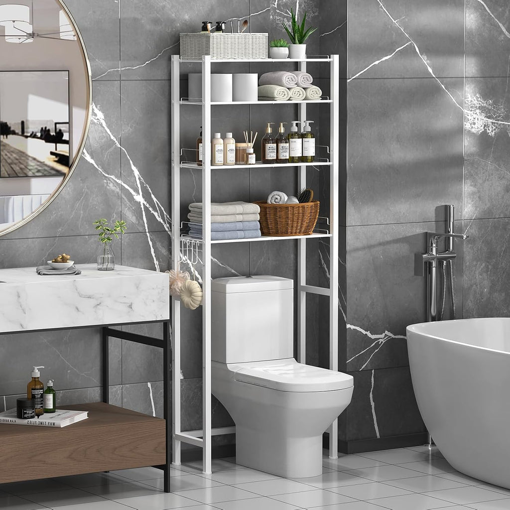 samstar 4 Tier Over The Toilet Storage Rack, Bathroom Organizer Shelves Cabinet Above Toilet, with Adjustable Height Freestanding Shelf Space Saver, White