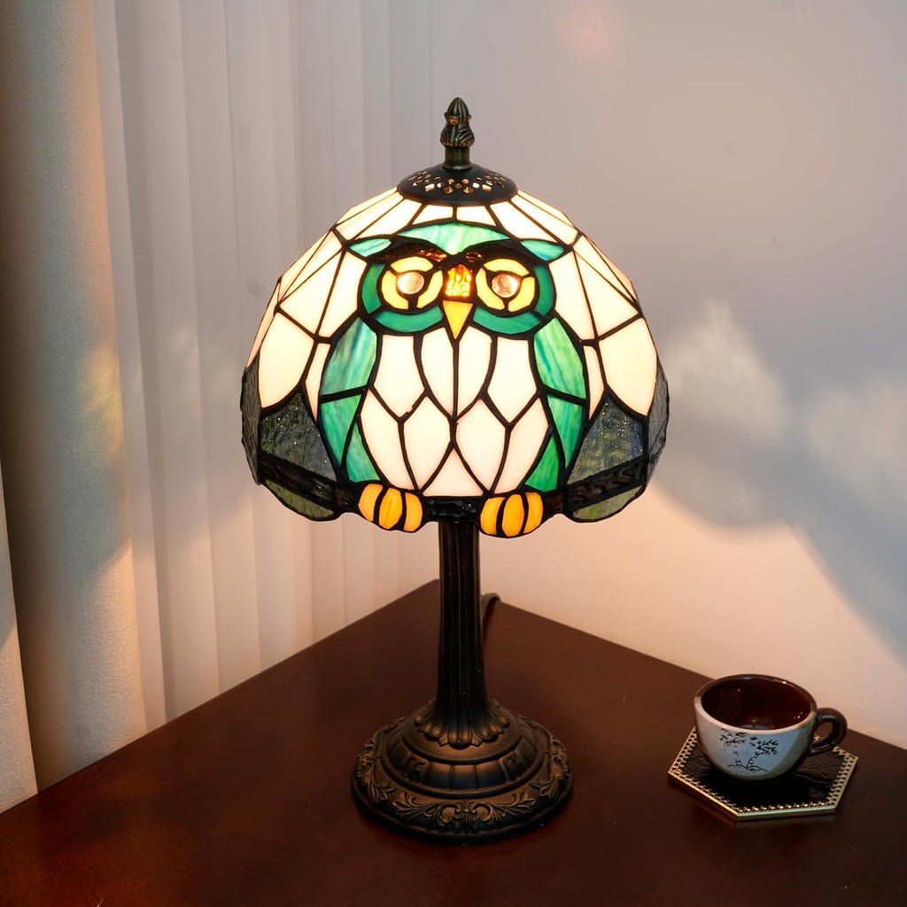 Tiffany Owl Animal Stained Glass Table Lamp Handmade Bedside Table Night Unique Cute Accent Nightstand Light Antique Art Craft Gifts Lamp for Home Office Dormitory Bar Decorate