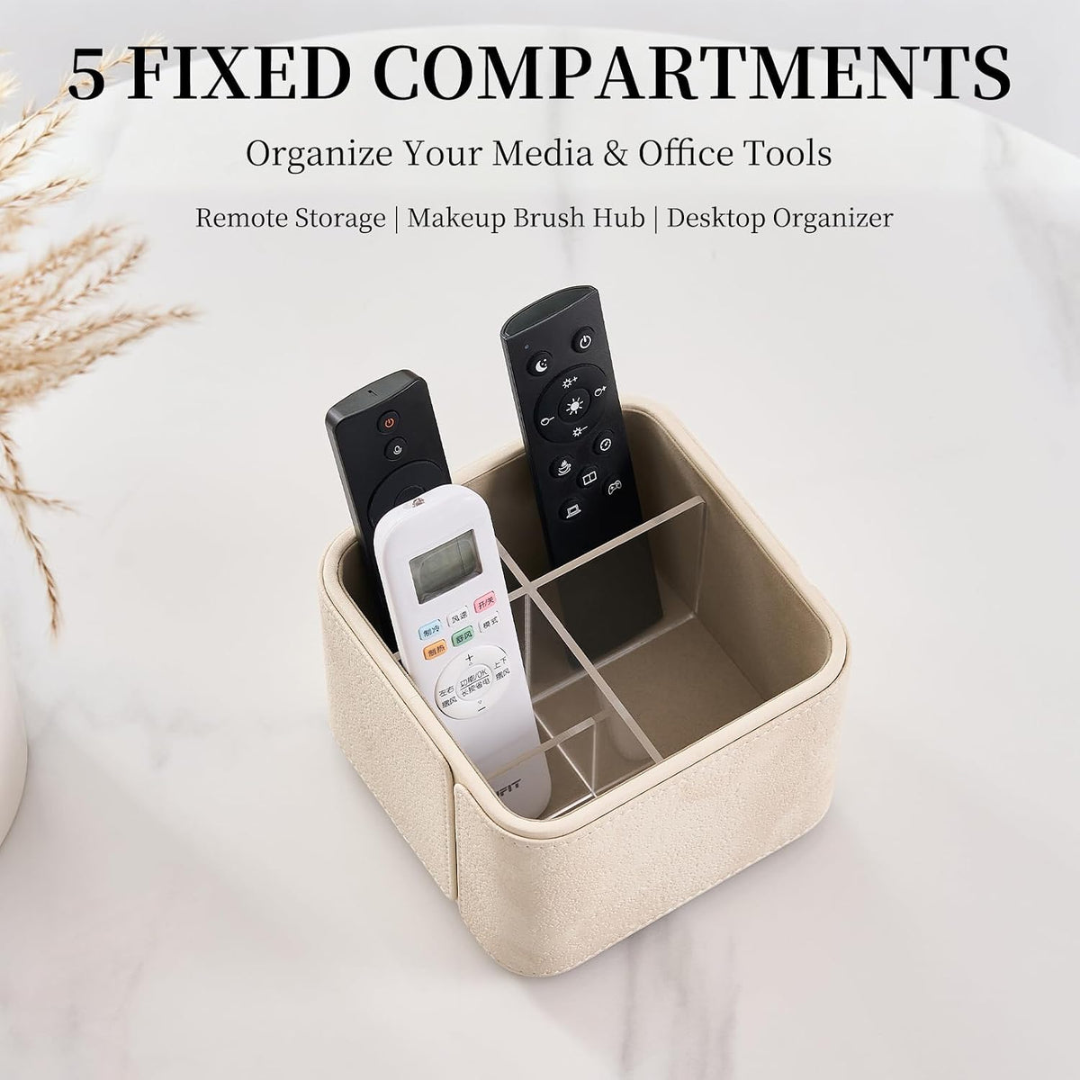 360° Rotating TV Remote Control Holder & Desk Organizer, Travertine-Look PU Leather, 0.421kg Wood Core, Removable Acrylic Divider (Off White)