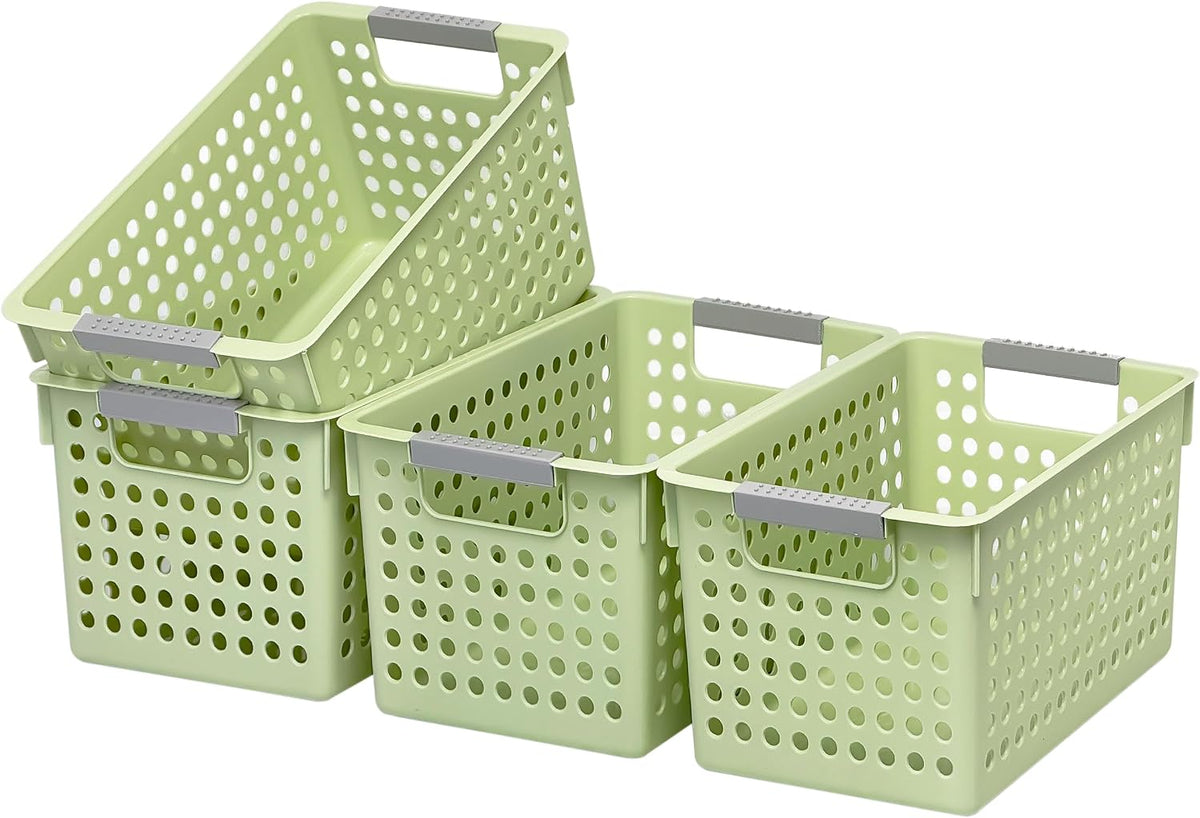 Soddeph 4 Pack Plastic Storage Basket with Handles, Small Deep Organizer Bin with Hollow Design for Under Counter, Shelf, Closet, Kitchen or Bathroom (Green, Small)