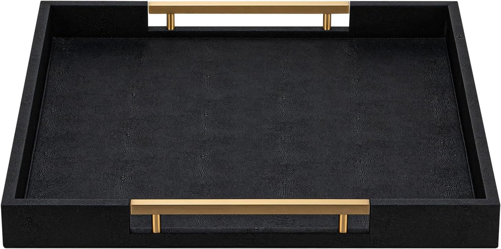 Black Faux Leather Decorative Serving Tray with Handles – Large Square for Coffee Table, Ottoman, Living Room & Bathroom Home Decor