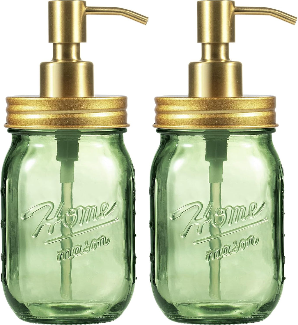 Amolliar Green Glass Mason Jar Liquid Soap Dispenser, 16OZ, Gold 2 Pack