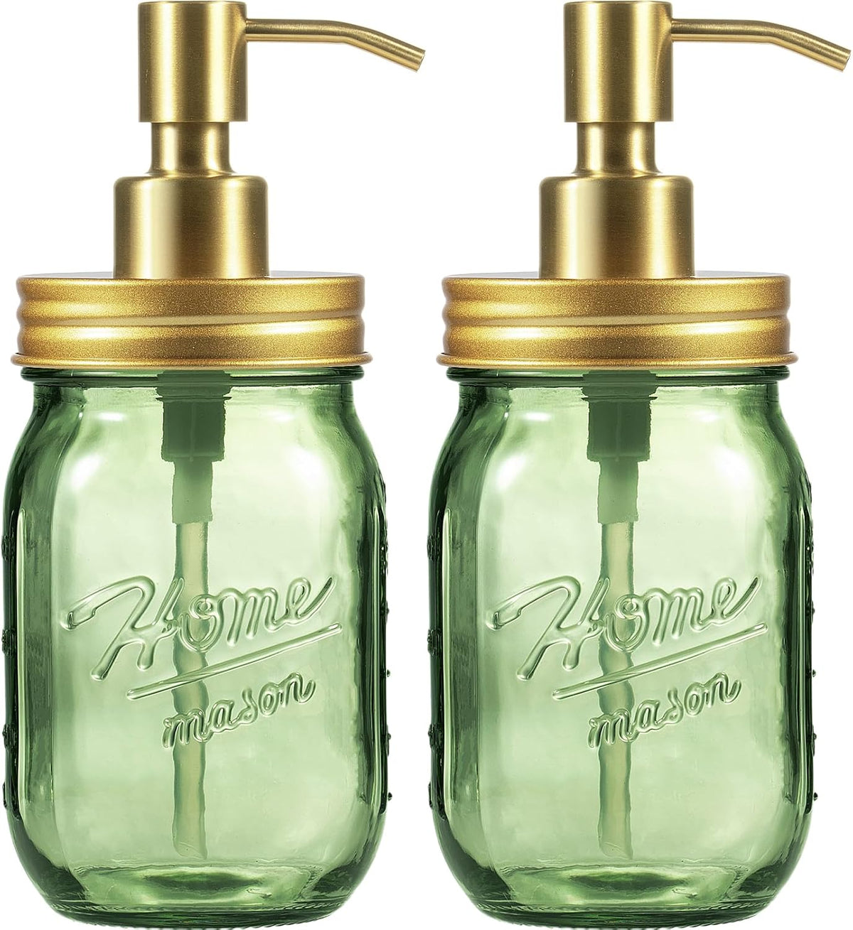 Amolliar Green Glass Mason Jar Liquid Soap Dispenser, 16OZ, Gold 2 Pack