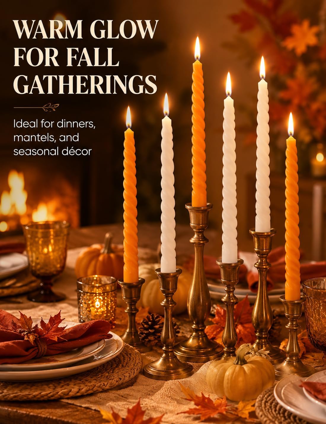 10 Inch 3 White and 3 Orange Spiral Taper Candle Set, Unscented Dripless Candlesticks for Fall Harvest Halloween Thanksginving, Holiday Décor, and Festive Dinners